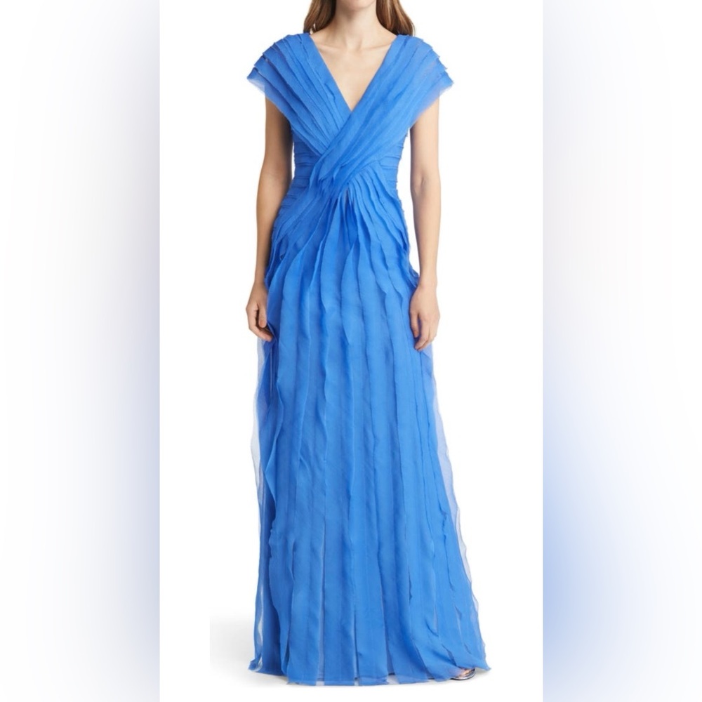 Tadashi Shoji Tipton Tiered  chiffon Gown //Cap sleeve Shutter.  A- Line size 12